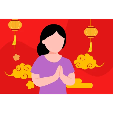 Chinese girl greeting on chinese new year  Illustration