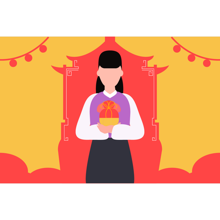 Chinese girl holding gift box  Illustration