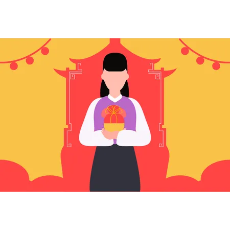 Chinese girl holding gift box  Illustration