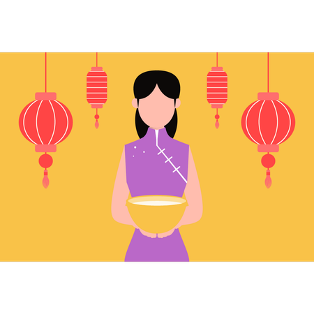 Chinese girl holding bowl of food  Illustration