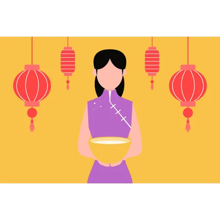 Chinese girl holding bowl of food  Illustration