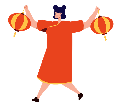 Chinese Girl Holding Chiense Lanterns  Illustration
