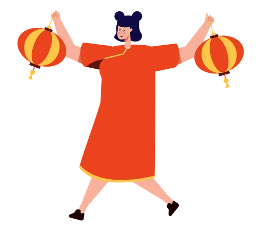 Chinese Girl Holding Chiense Lanterns  Illustration