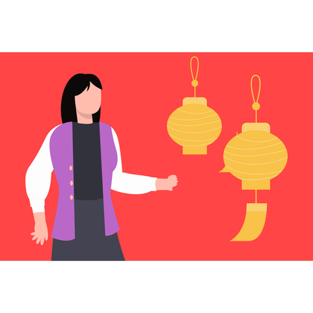 Chinese girl looking at lamp  Illustration