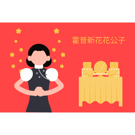 Chinese girl standing and giving greeting  Illustration