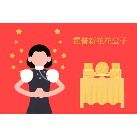 Chinese girl standing and giving greeting  Illustration