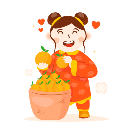 Chinese girl with fortune orange  Illustration