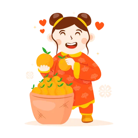 Chinese girl with fortune orange  Illustration