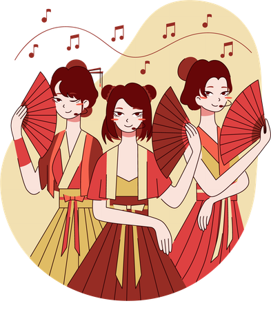 Chinese girls are performing on stage  イラスト