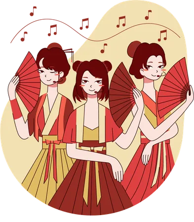 Chinese girls are performing on stage  イラスト