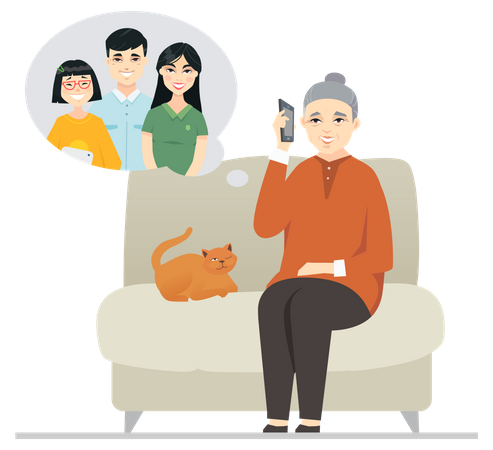 Chinese grandmother talking on the phone  イラスト