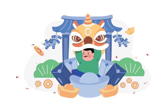 Chinese kid with angpow card  Illustration