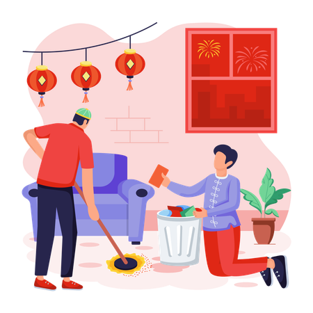 Chinese man and woman Cleaning House  Illustration