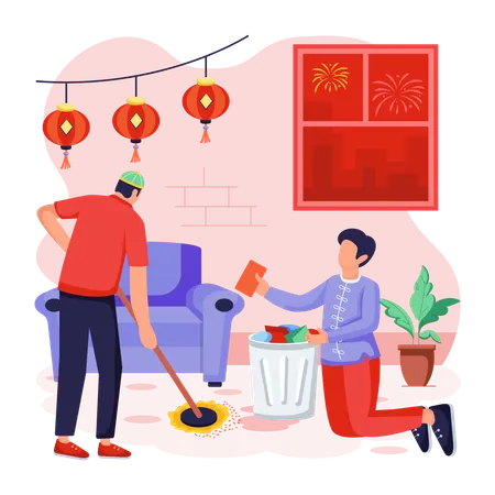 Chinese man and woman Cleaning House  Illustration