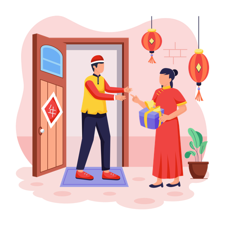 Chinese man and woman Visiting Relatives  Illustration