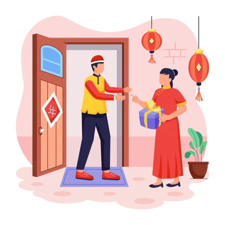 Chinese man and woman Visiting Relatives  Illustration