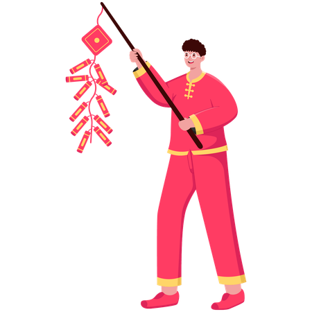 Chinese Man blowing fireworks  Illustration