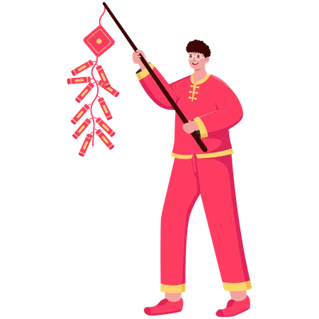 Chinese Man blowing fireworks  Illustration