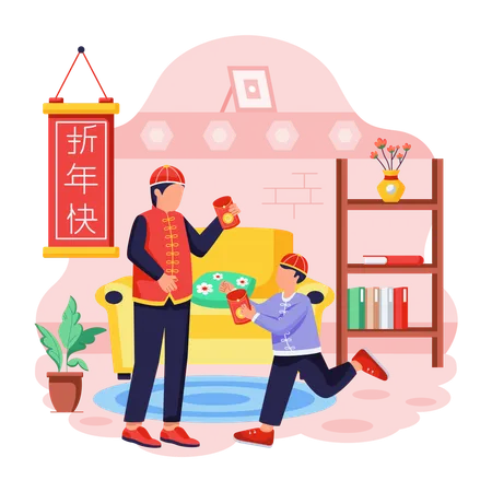 Chinese man Giving Envelope to kid  Illustration