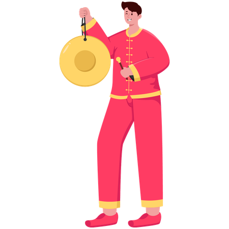 Chinese Man hitting gong  Illustration