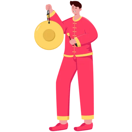 Chinese Man hitting gong  Illustration