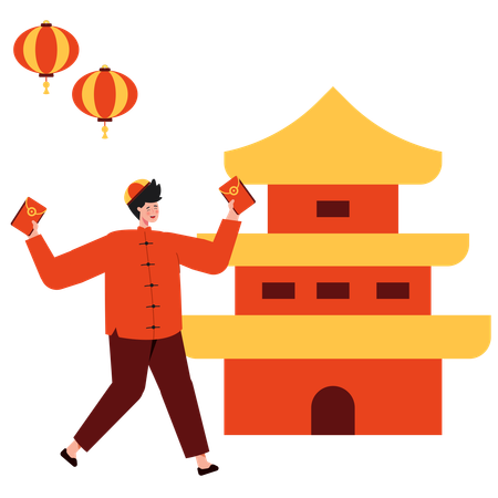Chinese Man Holding Chiense Envelop  Illustration