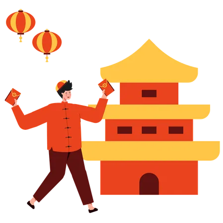 Chinese Man Holding Chiense Envelop  Illustration