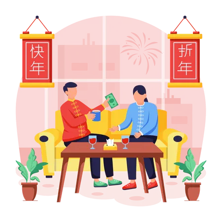 Chinese man Meeting Friends  Illustration