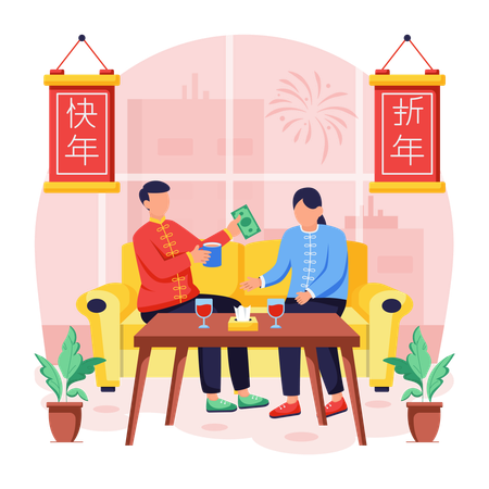 Chinese man Meeting Friends  Illustration