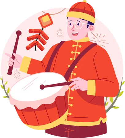 Man Playing Chinese Drum Illustration Illustration