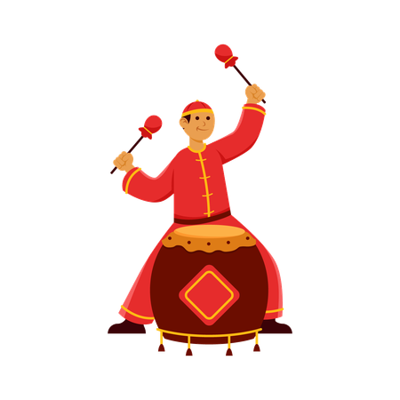 Chinese man playing drum  Illustration