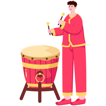 Chinese Man playing drums  Illustration