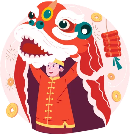 Chinese man playing lion dance  Illustration