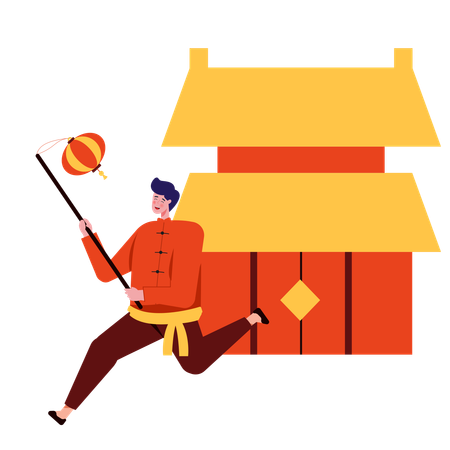 Chinese Man Running While Holding Chinese Lantern On Chinese New Year  Illustration