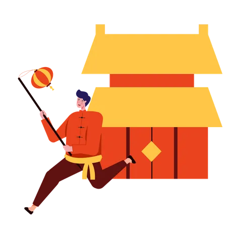 Chinese Man Running While Holding Chinese Lantern On Chinese New Year  Illustration