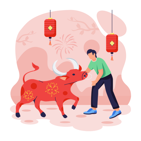 Chinese man with Chinese Ox  Illustration