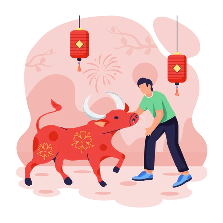 Chinese man with Chinese Ox  Illustration