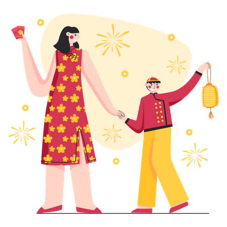 Chinese Mother and Son celebrating New Year Illustration