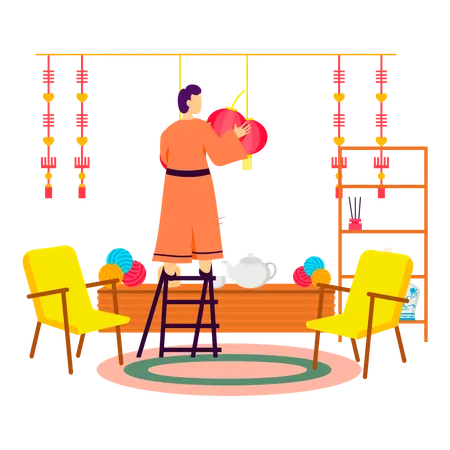 Chinese man decorate his home on new year  Illustration