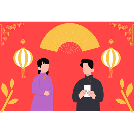 Chinese boy and girl talking  Illustration