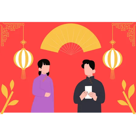 Chinese boy and girl talking  Illustration