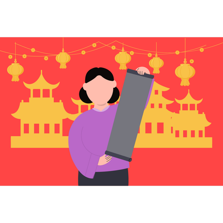 Ggirl looking at scroll on Chinese New Year  Illustration