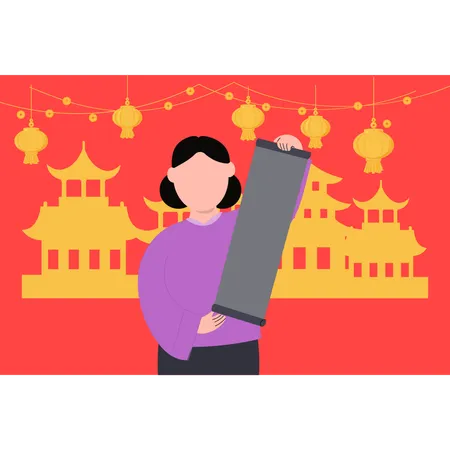 Ggirl looking at scroll on Chinese New Year  イラスト