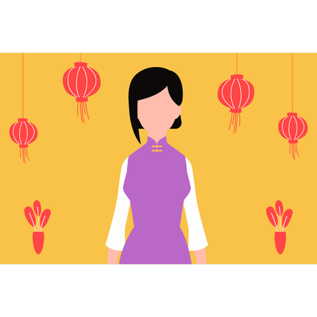 Chinese girl with chinese lantern  Illustration