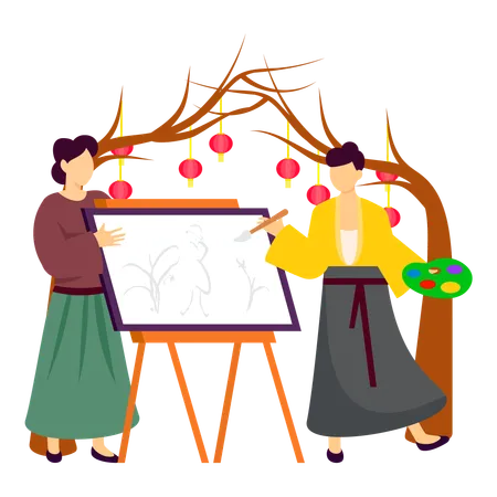 Ladies doing canvas painting at new year  Illustration