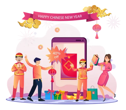 Chinese New Year Shopping Concept Sales And Discounts With Girl And Boy Holding Megaphone Near Big Smartphone Flat Vector Illustration