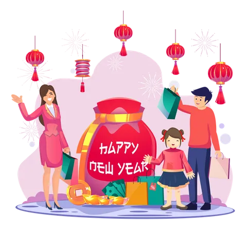 Chinese New Year Shopping Concept Sales And Discounts With Family And Their Children Buying Goods Near A Big Shopping Bag Coin Money And Cash Flat Vector Illustration