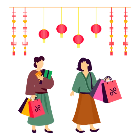 Chinese Ladies Doing Shopping On New Year Eve Illustration