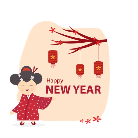 Chinese new year with girl and lamp  Illustration