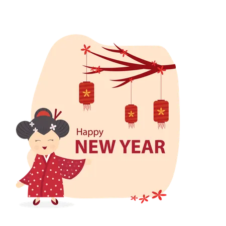 Chinese new year with girl and lamp  Illustration